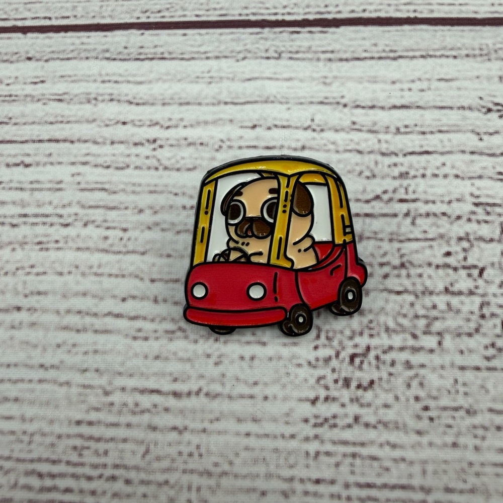 Pug in Red Toy Car Enamel Pin